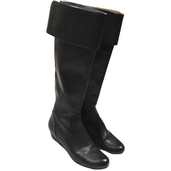 Crown Vintage Shoes - Crown‎ Vintage Lulu Knee-High Boots Black Faux Leather Foldover Wedge Women's 8